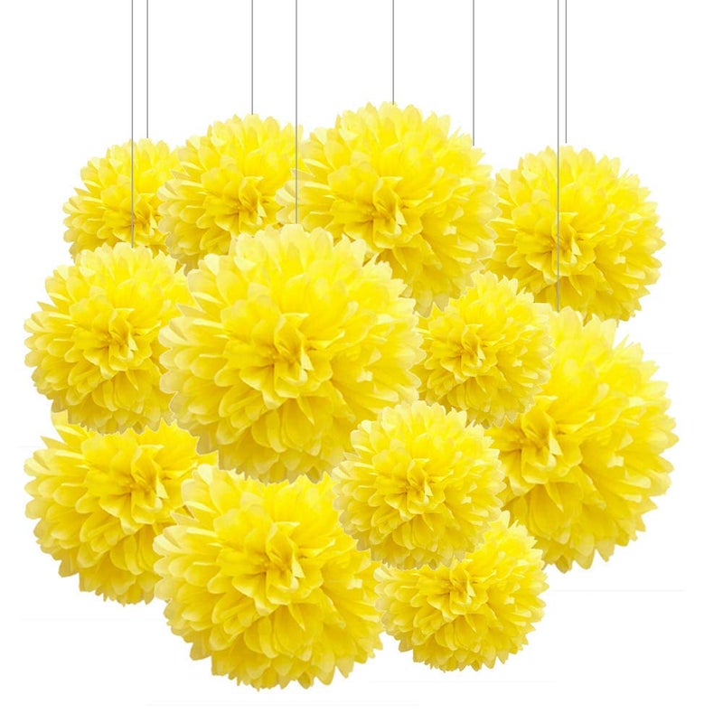 Aimto 12pcs Yellow Paper Pom Poms Decorations for Party Ceiling Wall Hanging Tissue Flowers Decorations - 1 Color of 12 Inch, 10 Inch - Image 1